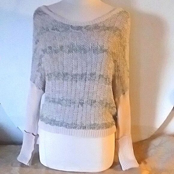 Free People Sweater Pull Over Off Shoulder V Back Open Weave Sea Mist M - Picture 2 of 13